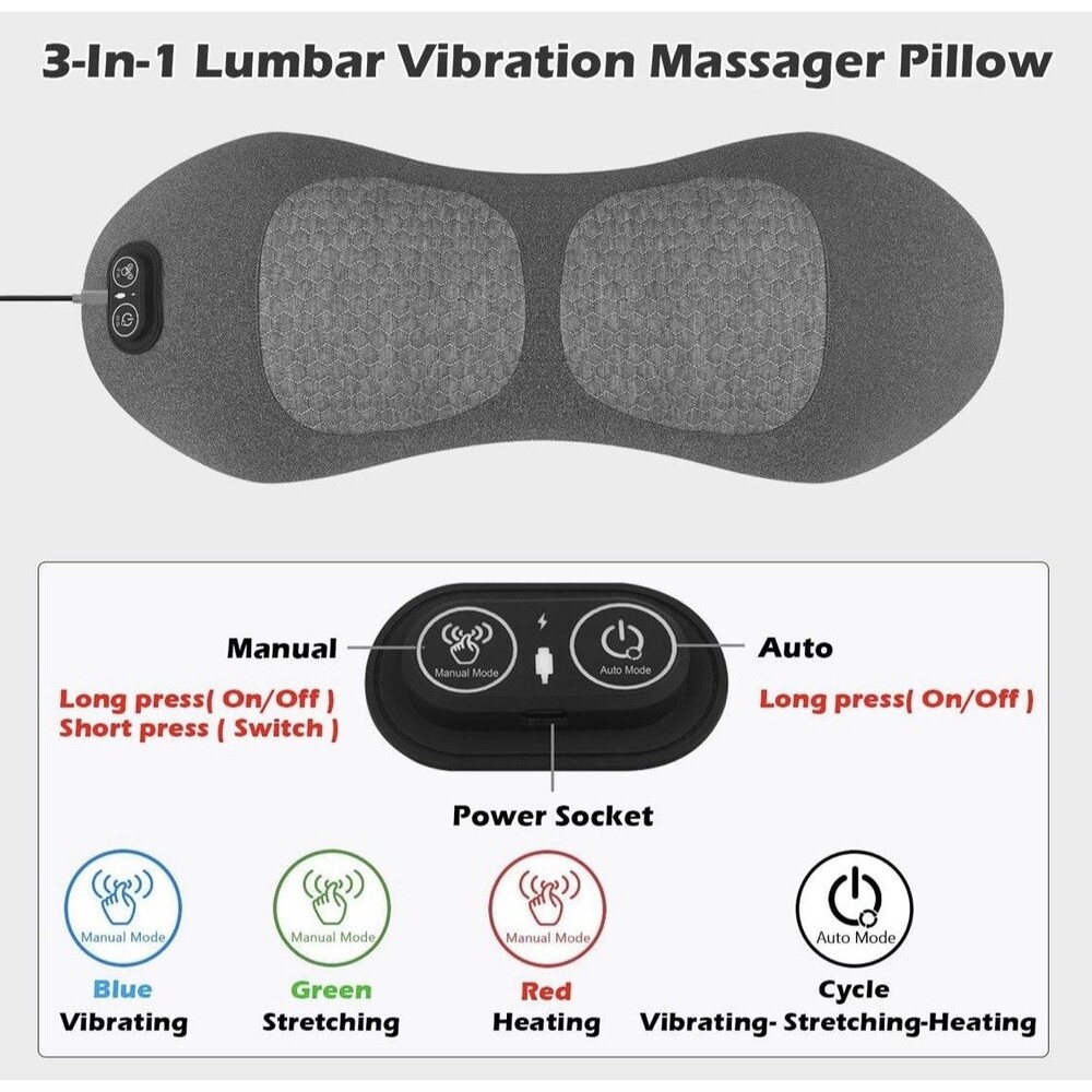 Electric Triple Fusion 3in1 Back Massager Lumbar Pillow w/ Heat & Vibration New